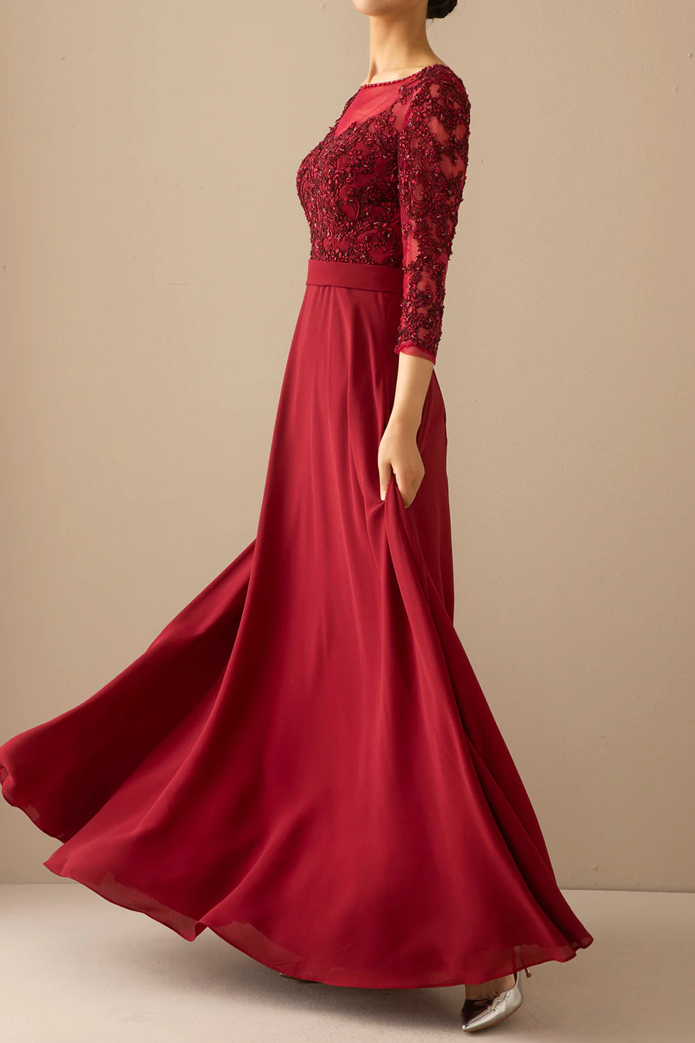 Burgundy Long Dress Mother of the Bride Dress With Illusion Sleeves