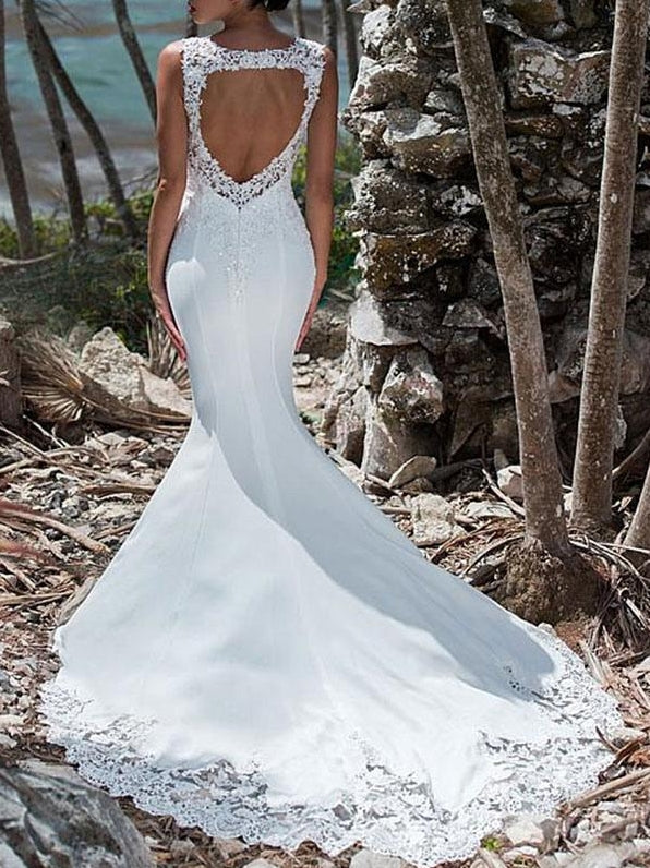 Mermaid Lace Jewel Neck Sleeveless Back Hollow Out Bridal Gowns Wedding Dress With Train