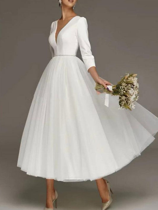 White Wedding Dress Tea-Length V-Neck 3/4 Length Sleeves A-Line Satin Bridal Dresses