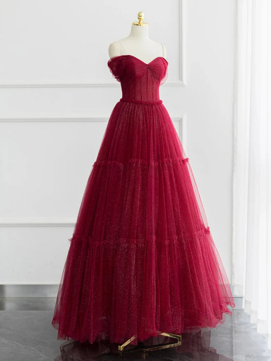 A-line Off Shoulder Tulle Shiny Burgundy Long Prom Dress Formal Dress