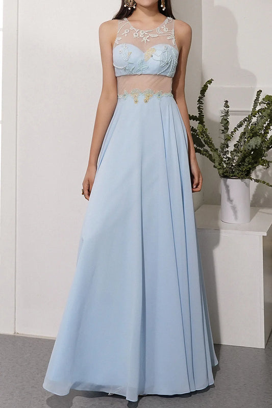 A Line Chiffon Prom Dress See-through Evening Dress With Appliques