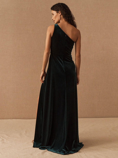 A-Line One-Shoulder Velvet Floor-Length Split Front Formal Evening Dresses Wedding Guest Dresses