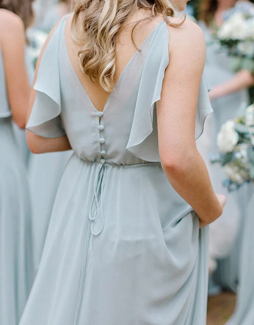 A-Line Floor Length Chiffon Long Bridesmaid Dress With Ruffles