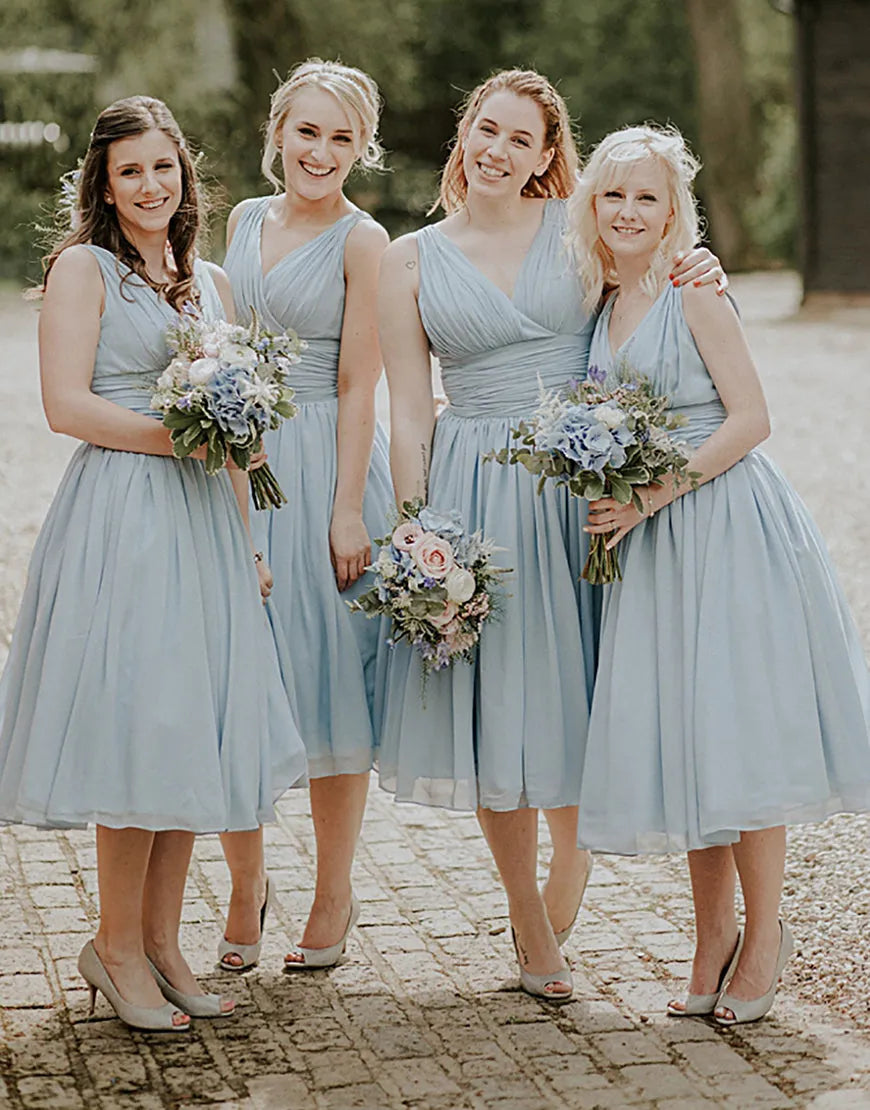 A-Line V-Neck Tea Length Chiffon Bridesmaid Dress With Pleating