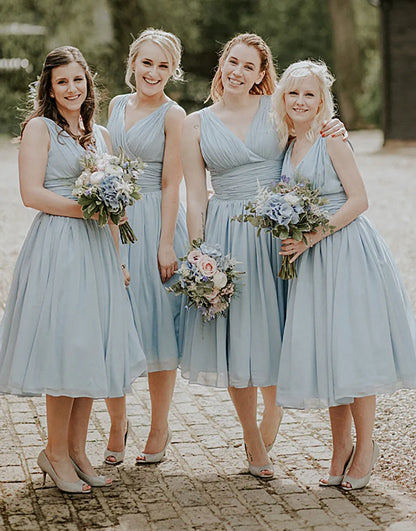 A-Line V-Neck Tea Length Chiffon Bridesmaid Dress With Pleating