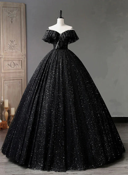 Glitter Black A-line Tulle Off Shoulder Beaded Quinceanera Dress Tulle Prom Dress Evening Dresses