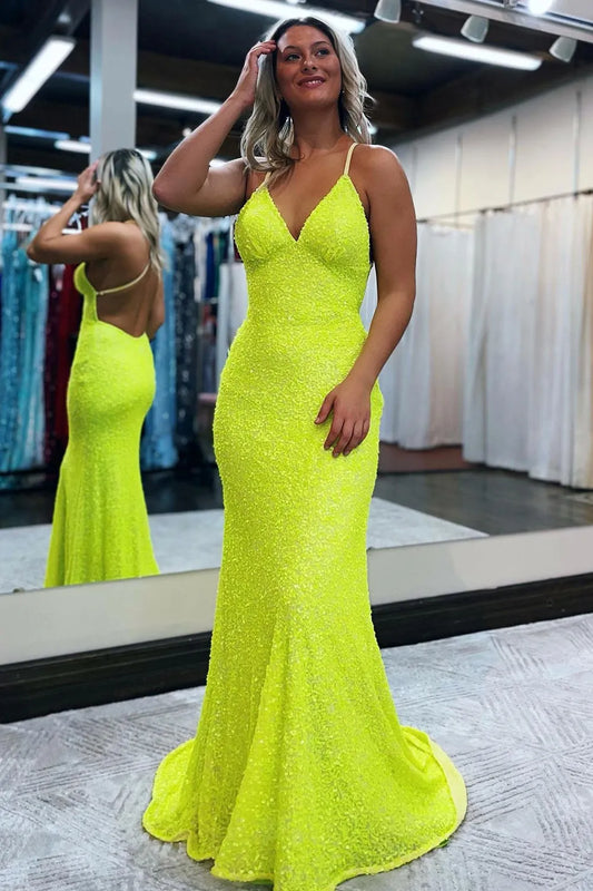 Mermaid Spaghetti Straps Sequins Backless Long Prom Dress With Sweep Train