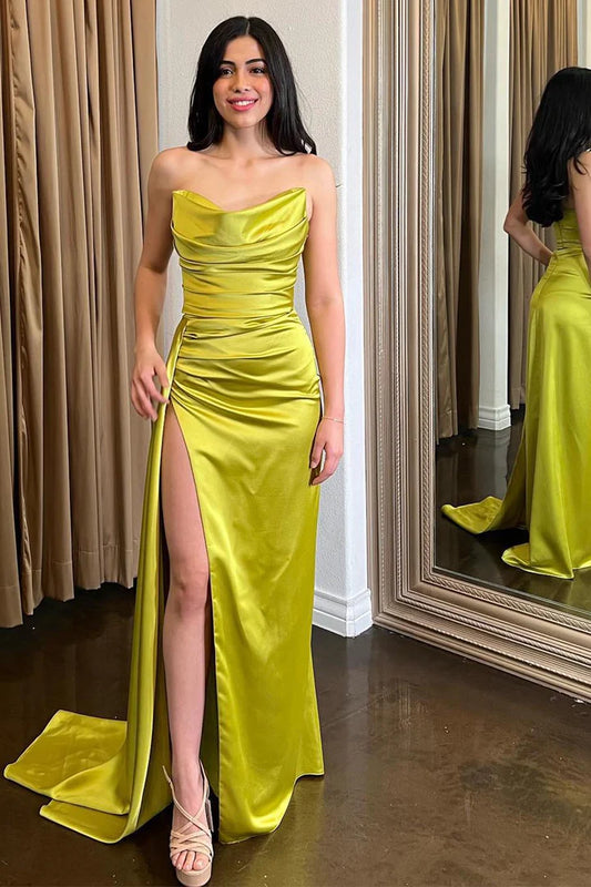 Strapless Sage Green Satin Floor-length Prom Dress High Slit