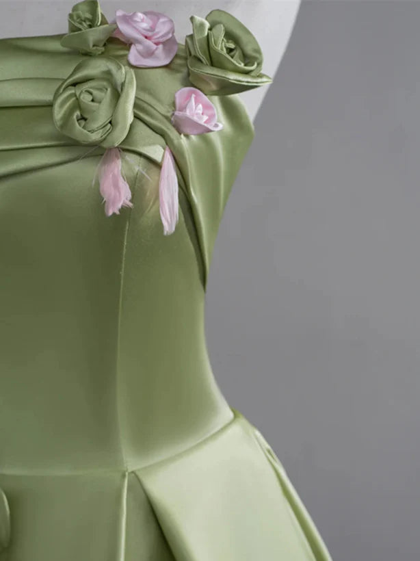 Green A-line Satin with Flowers Long Evening Dress Satin Prom Dress with Sweep Train