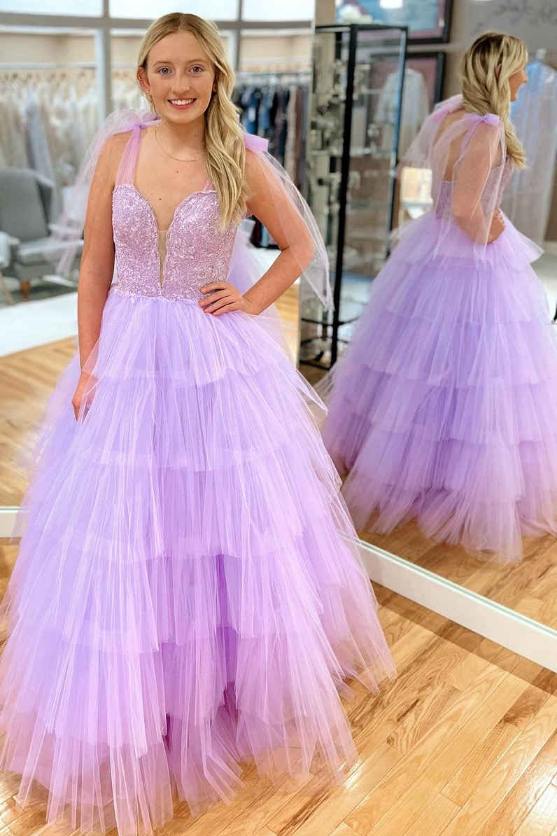 A-Line Princess Lavender Tie Straps Illusion Crew Neck Lavender Ruffle Prom Dress