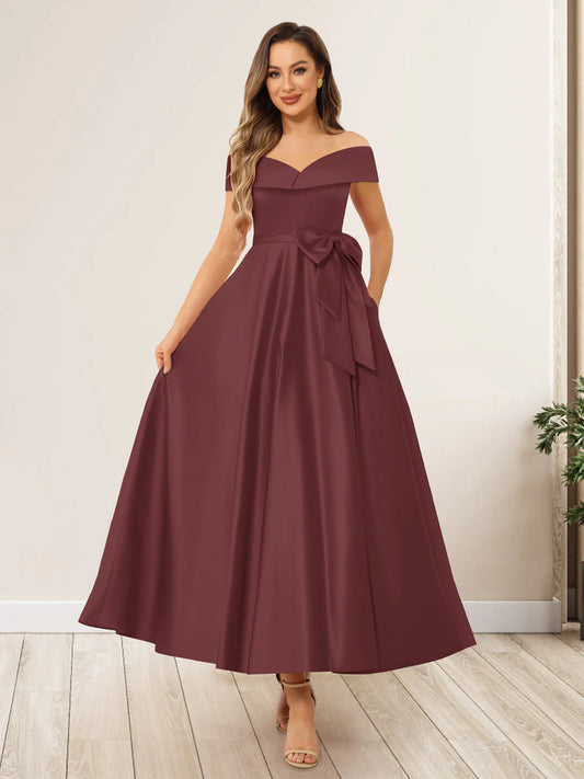 A-Line/Princess Off-The-Shoulder Sleeveless Long Evening Dresses Mother of the Bride Dresse with Bow Knot