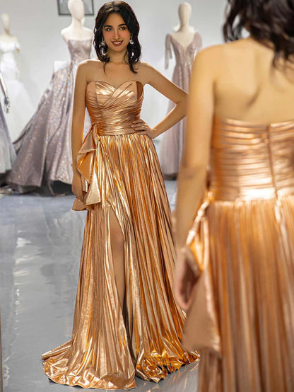 Sweetheart A-Line Metallic Pleated Floor-length Prom Dress With Slit