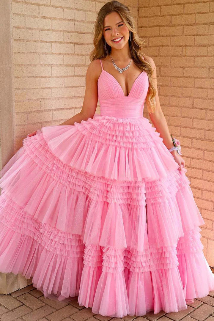 A-Line Princess Ruffle Tiered Tulle Long Prom Dress With Slit