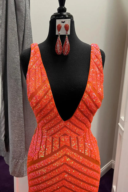 Mermaid Deep V Neck Orange Sequins Long Prom Dress Open Back With Sweep Train