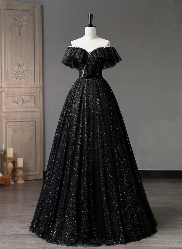 Glitter Black A-line Tulle Off Shoulder Beaded Quinceanera Dress Tulle Prom Dress Evening Dresses