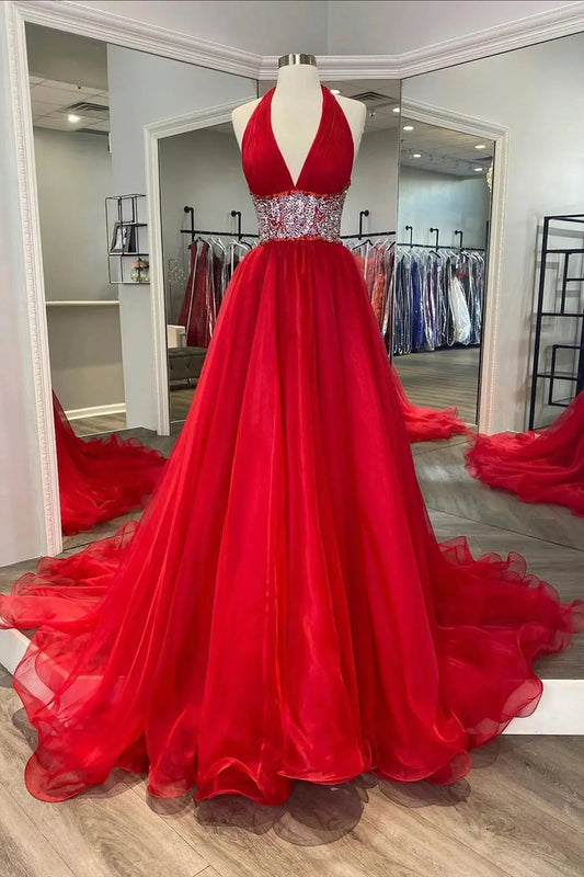 Red A Line Halter Neck Ballgown Long Prom Dress with Beading Sweep/Brush Train Dresses