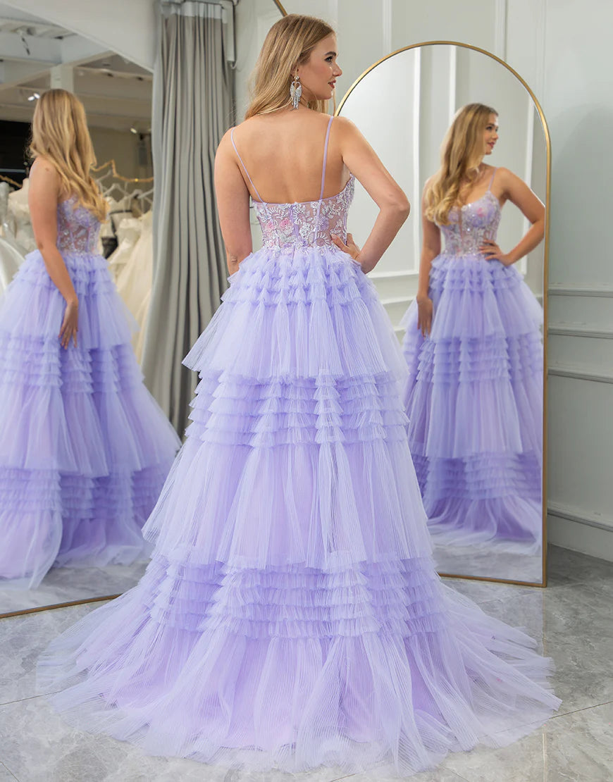 A Line Tiered Tulle Prom Dress With Beaded Flower Appliques