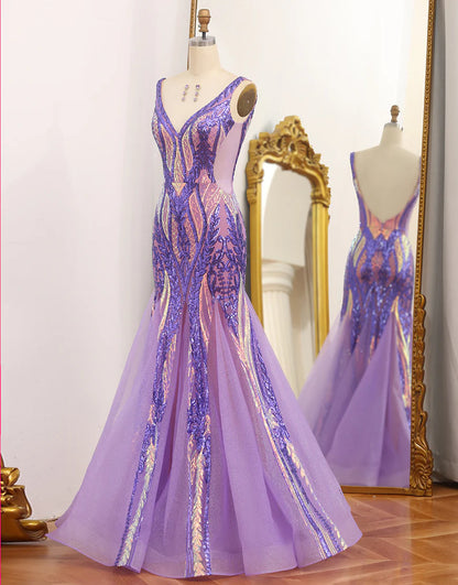 Sparkly Purple Mermaid V Neck Sequins Long Prom Dress