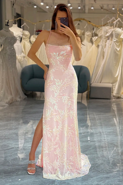 Mermaid Spaghetti Straps Pink Backless Long Prom Dress With Criss Cross Back