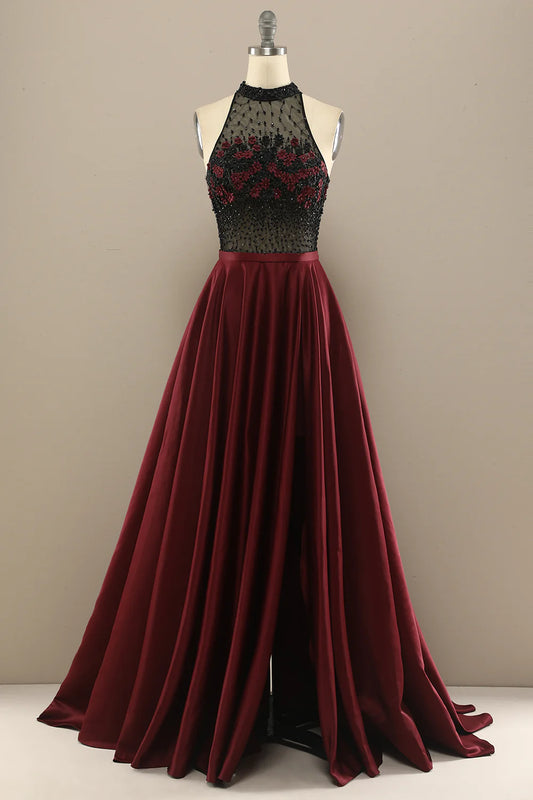 A-Line Halterneck Long Beaded Evening Dress Prom Dress With Flowers