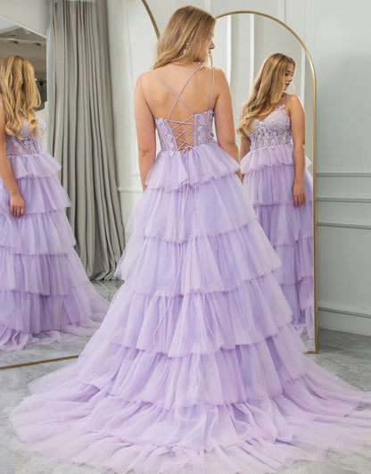 Lilac A Line Princess V-Neck Tiered Long Prom Dress With Appliques