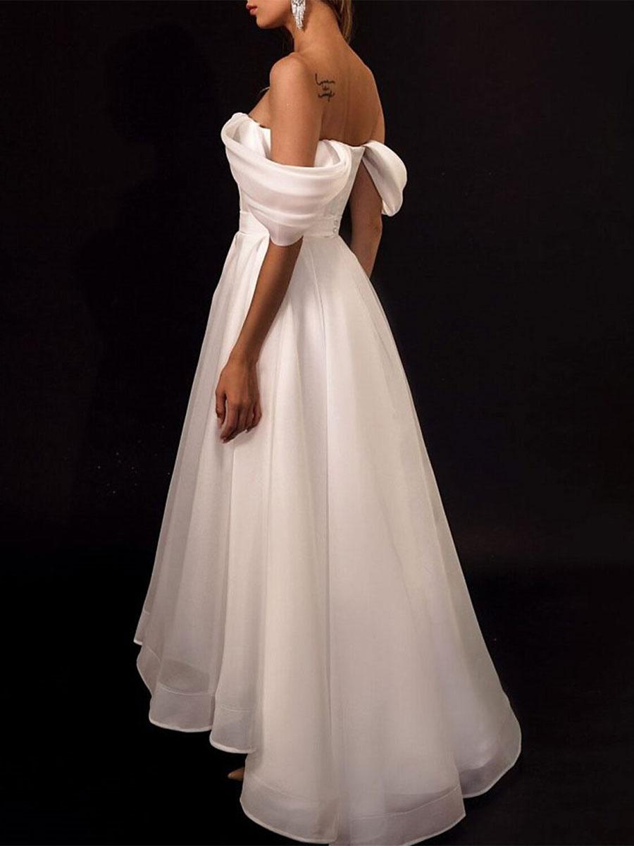 A-Line Wedding Dress Tea-Length Strapless Short Sleeves A-Line Organza Bridal Dress