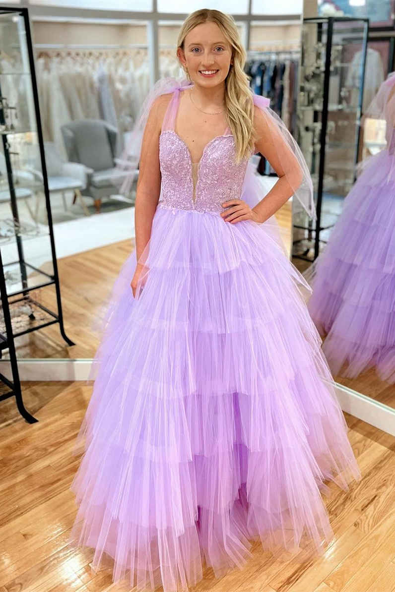 A-Line Princess Lavender Tie Straps Illusion Crew Neck Lavender Ruffle Prom Dress