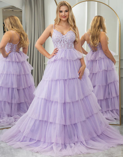 Lilac A Line Princess V-Neck Tiered Long Prom Dress With Appliques