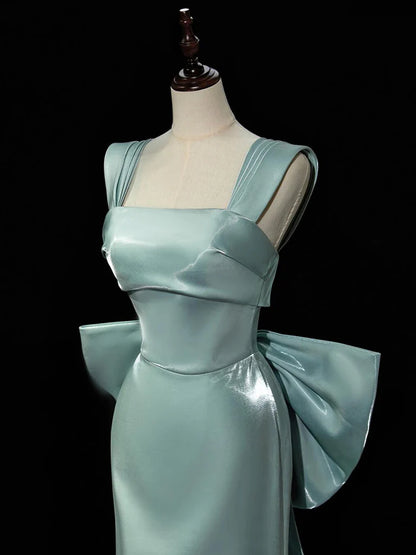 Simple Satin Bow Tie Green Long Prom Dress Formal Dress