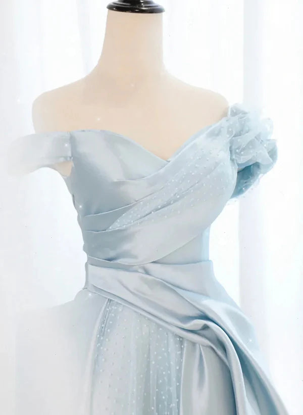 Blue Satin A-line Off Shoulder Long Party Dress with Tulle Blue Evening Dress Prom Dress