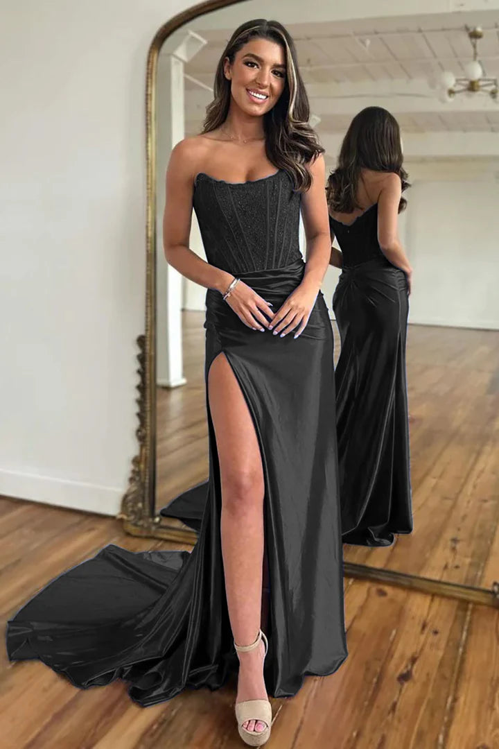 Slit Strapless Corset Satin Prom Dress Sweep/Brush Train Dresses