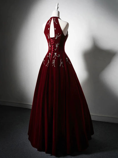 A-Line Velvet Sequin Beads Burgundy Long Prom Dress Formal Evening Dress