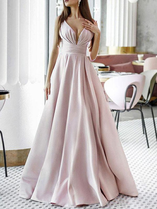 A-Line V-Neck Satin Sleeveless Floor Length Pleated Dresses Evening Dresses Wedding Guest Dresses