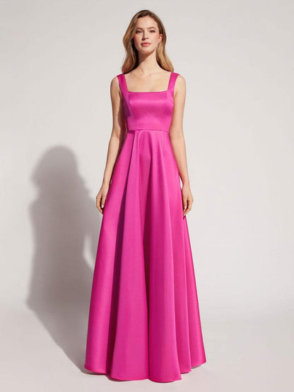 A-Line Square Neck Silk Like Satin Floor-Length Formal Evening Dresses