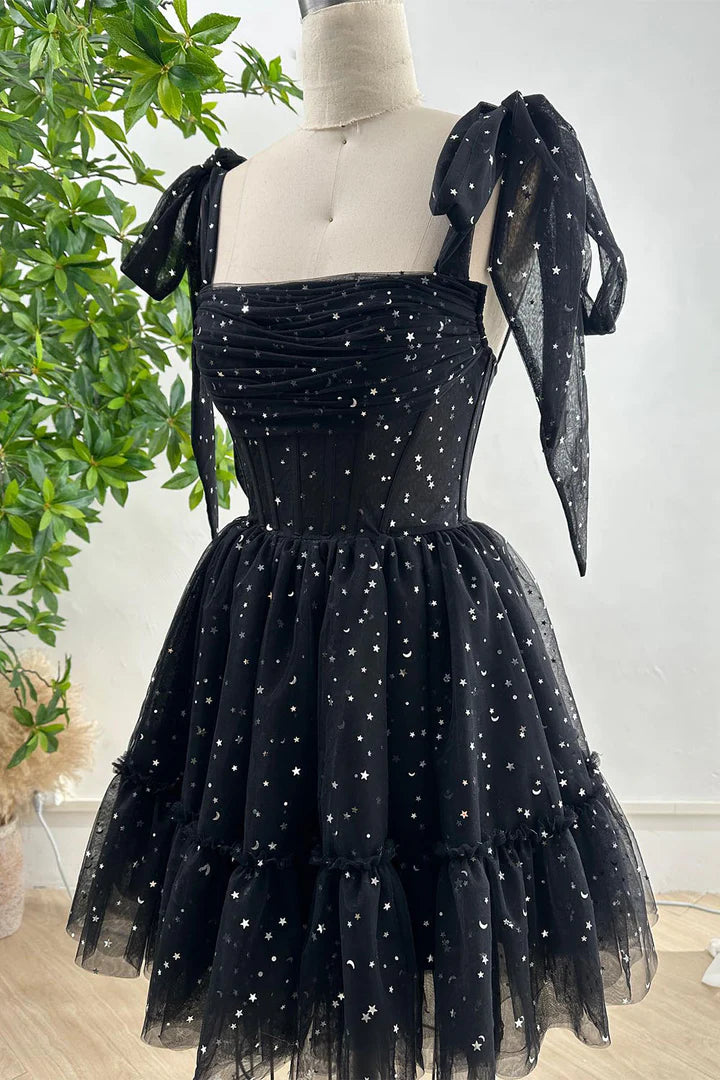 A-Line Princess Tulle Glitter Black Stars Corset Homecoming Dress