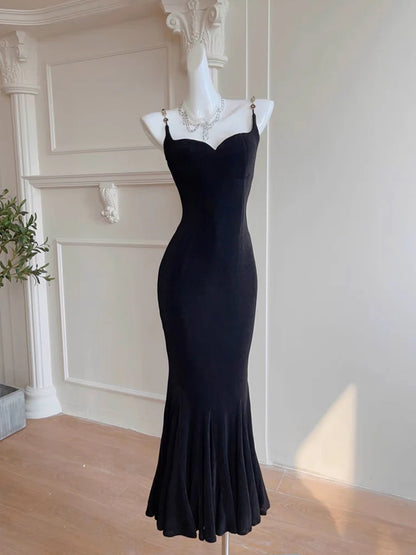 Simple Mermaid Black Long Party Dress Spaghetti Strap Evening Dress