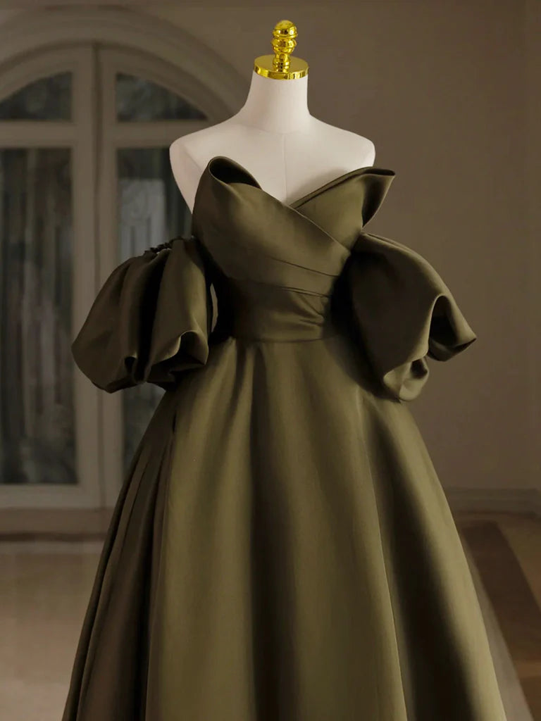 A-Line Puff Sleeves Olive Green Satin Evening Dress Long Prom Dress