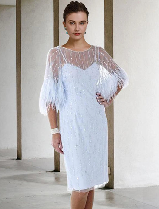 Mother of the Bride Dress Jewel Neck Knee Length Stretch Chiffon Half Sleeve with Feather Beading Sequin