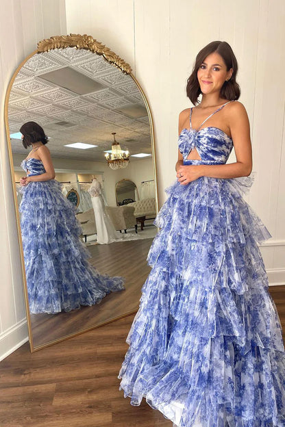 Lovely Blue Floral Printed Ruffle Tiered Long Prom Dresses