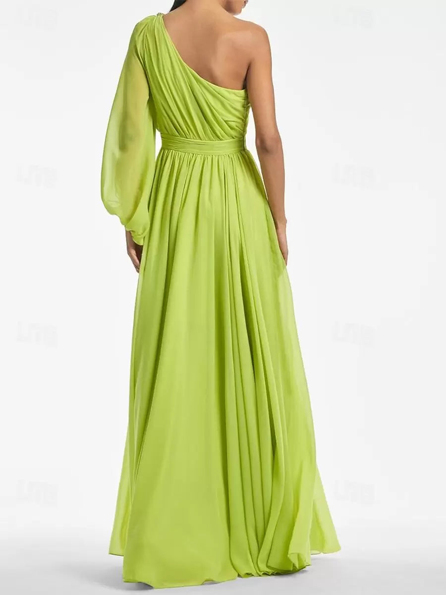 A-Line One-Shoulder Floor-Length Long Sleeves Backless Pleated Evening Dress