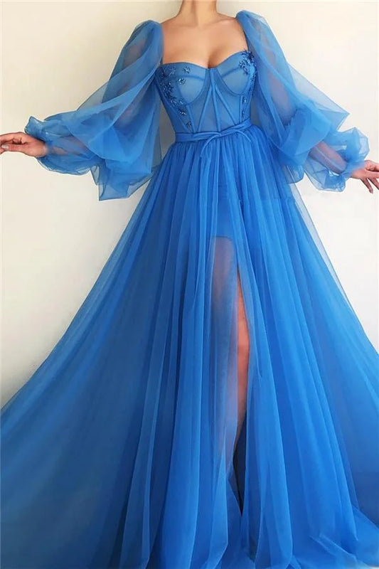 Long Sleeve Party Gowns Blue Tulle Prom Dress Slit Evening Dress