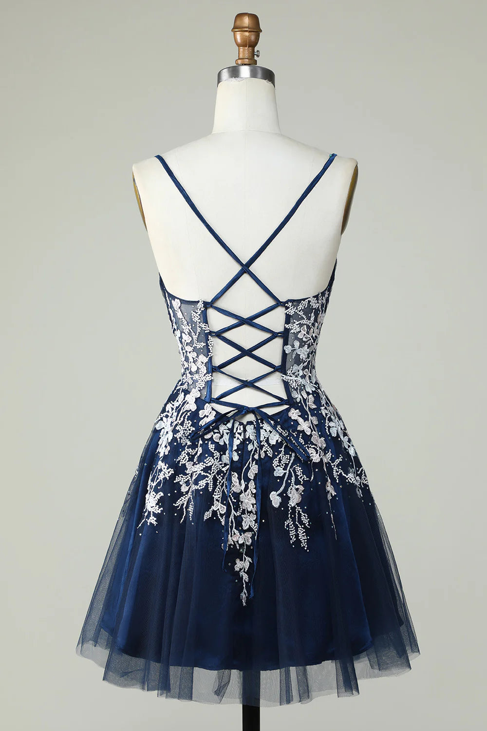 Spaghetti Straps Lace Homecoming Dress With Criss Cross Back