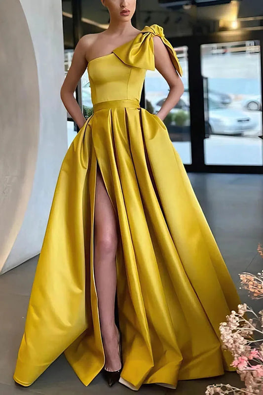 Yellow A-line One Shoulder Formal High Slit Prom Dress with Bow