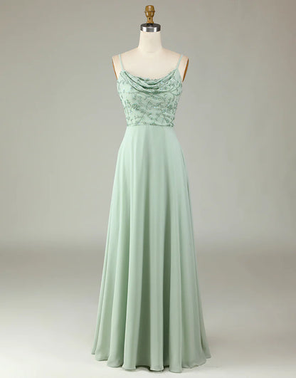 A Line Spaghetti Straps Long Bridesmaid Dress with Beaded