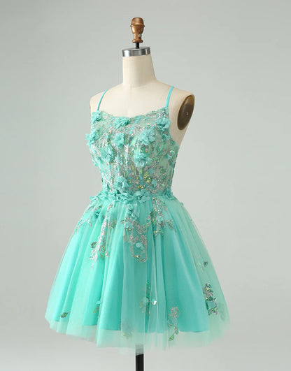 A Line Sequins Corset Short Tulle Appliques Homecoming Dress