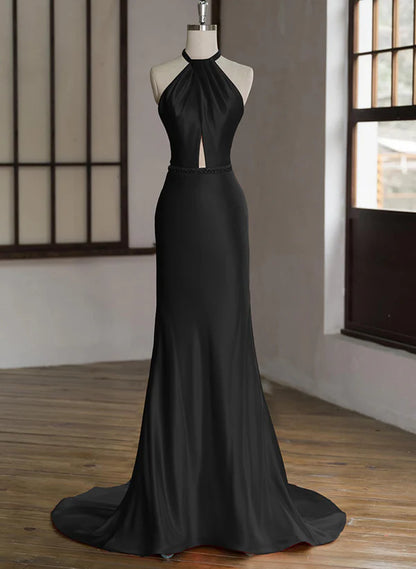 Black Halter Low Back Satin Long Evening Dress Simple Prom Dress with Sweep Train