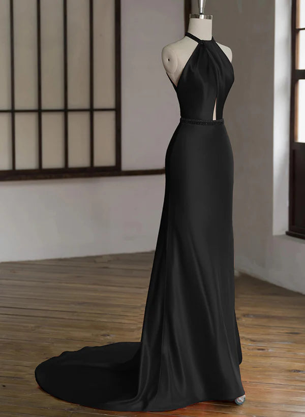 Black Halter Low Back Satin Long Evening Dress Simple Prom Dress with Sweep Train