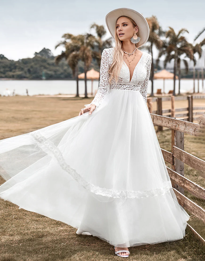 Simple Lace Long Sleeves Deep V-neck Boho Wedding Dress with Backless