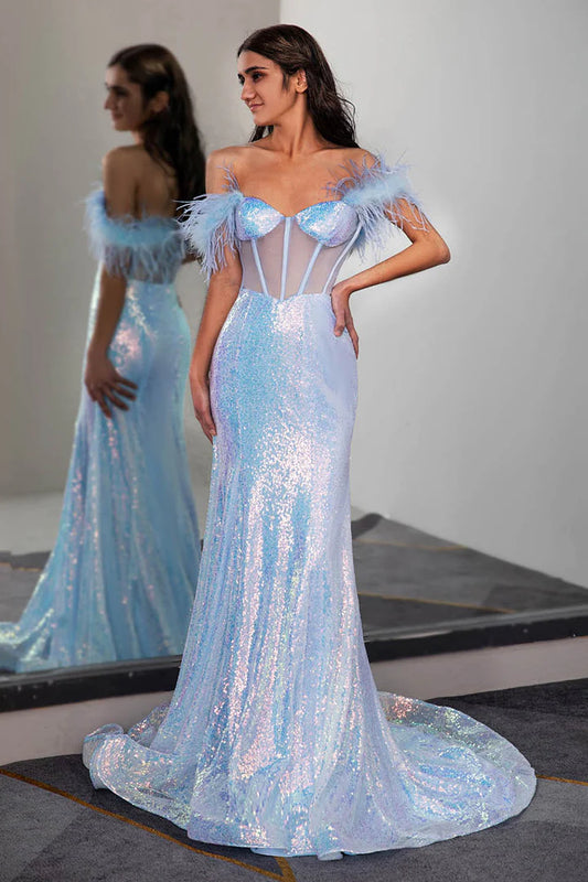 One-shoulder Light Blue Sequin Corset Prom Dress with Feathers Sweep/Brush Train Dresses