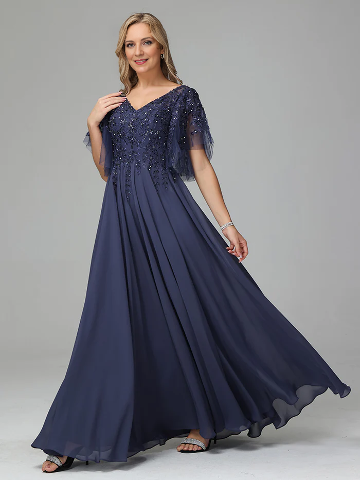 Chiffon V Neck Lace Appliques Mother of the Bride Dress